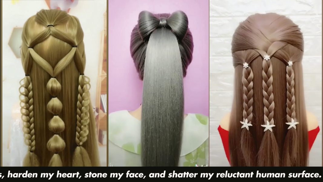 Three women with long hair in elaborate braids and ponytails are shown from behind, each unique and adorned, echoing barbara kruger ica boston’s bold text: harden my heart, stone my face, shatter my reluctant human surface.