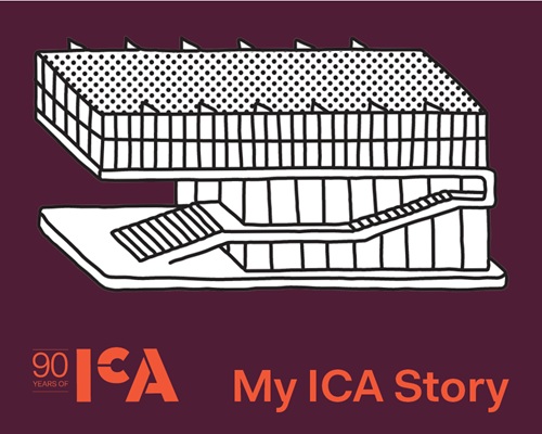 Line drawing of the ICA building above the text 90 Years of ICA and My ICA Story on a maroon background.